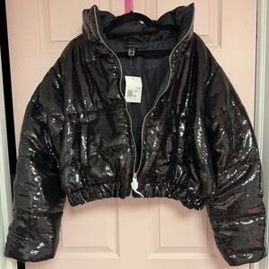 NWT Forever 21 Women's Black Sequin Zip-up Puffer Jacket